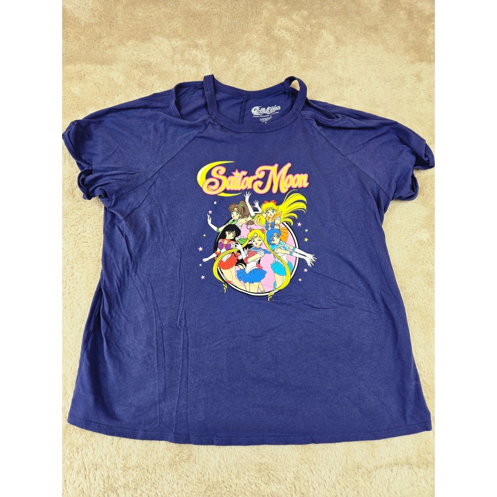 Sailor Moon Graphic T Shirt Navy Blue Cold Shoulder Anime Cartoon Women's Size 1